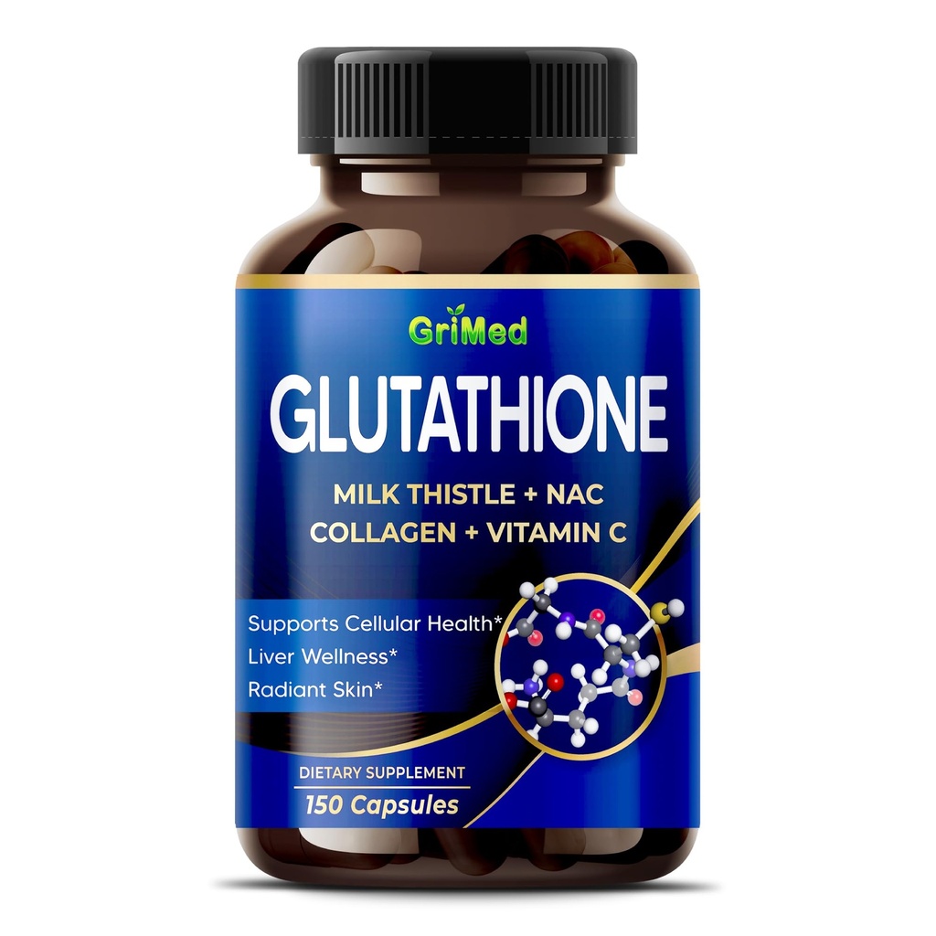GriMed Glutathione 11,200mg - X10 Power with Milk Thistle, NAC, Collagen, Witamina C - Cellular Wellness, Promieniowa Skóra - USA Made & Tested (150 Count (Pack of 1))