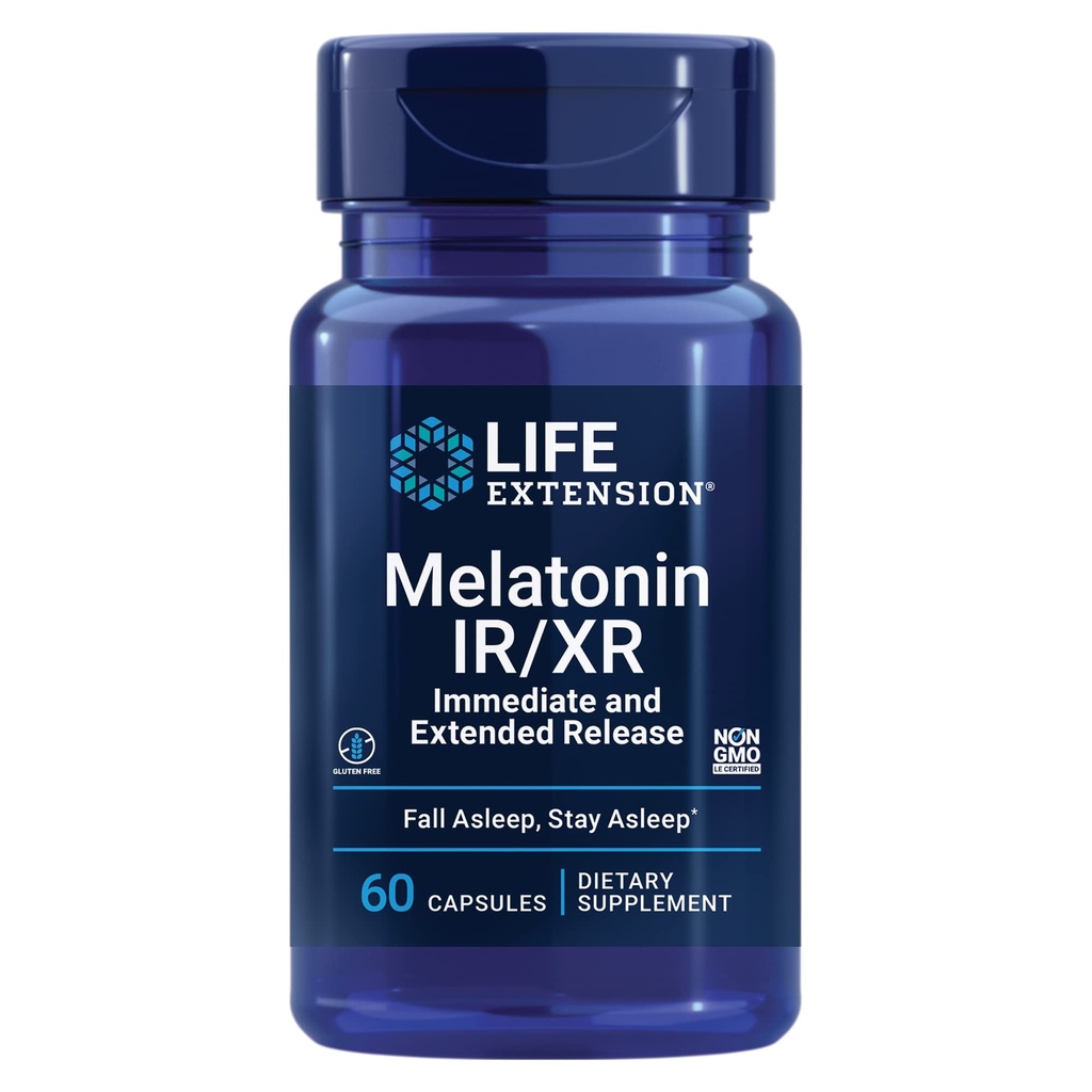 Przedłużenie życia Melatonina IR / XR, 1,5 mg, szybko i Extended- Release Formuła optymalnego wsparcia snu, Zdrowe rytmy circadian, Cellular Defense, Gluten- Free, Non-GMO, 60 Kapsułki