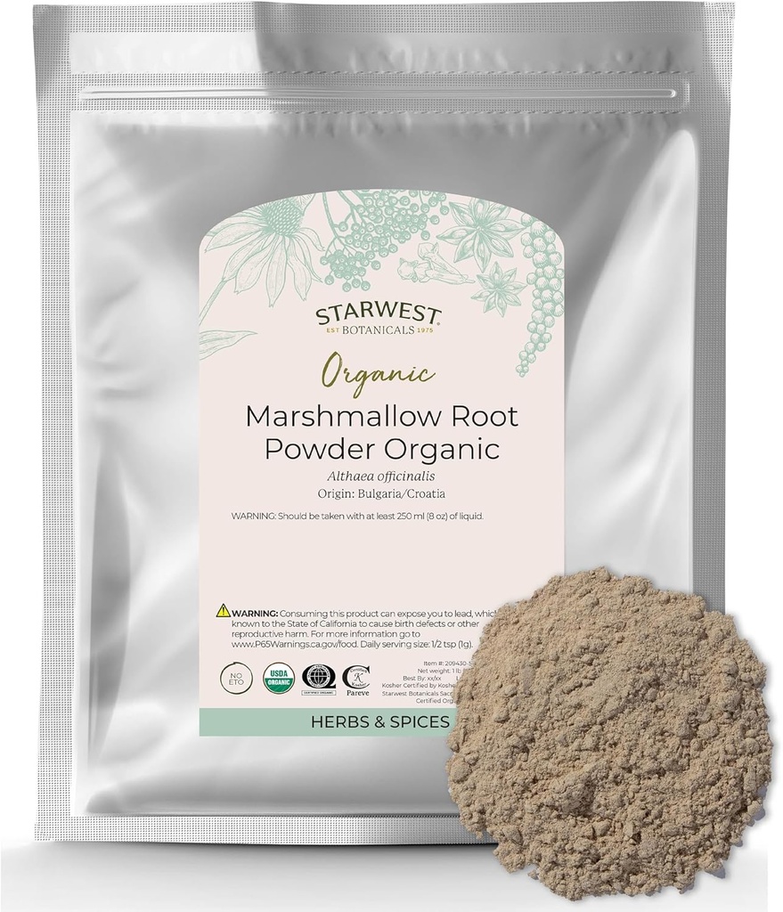 Starwest Botanicals Organic Marshmallow Root Powder - Suszone zioła na herbatę, Kapsułki, & Mieszanki ziołowe, Certified Kosher, Non-GMO - Bulk 1 lb Bag