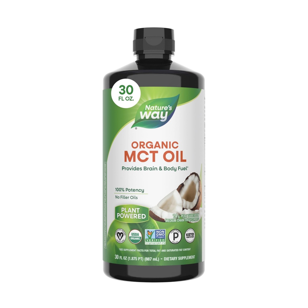 Nature 's Way Organic MCT Oil, 30 Fl Oz, Brain and Body Fuel from Coconuts *, C8 Captile Acid and C10 Capric Acid, Keto and Paleo Certified, Organic, Non-GMO Project Verified
