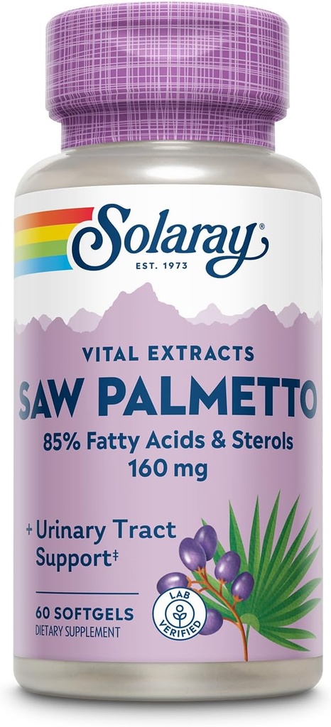 SOLARAY Saw Palmetto Extract - Prostate Health and Uurinary Tract Support - 136 mg Fatty Acids and Sterols - Lab Verified, 60- Day Money- Back Guarantee (60 Służb, 60 Softgels)