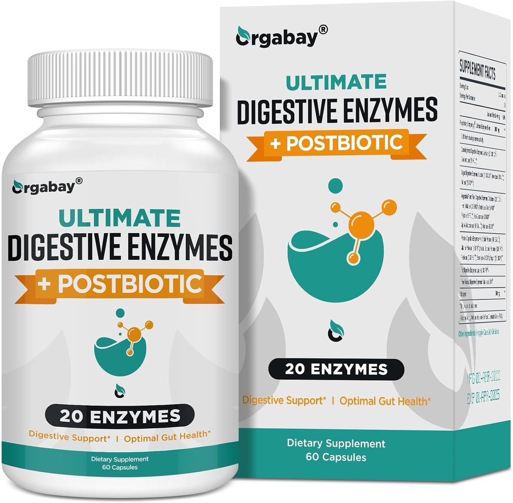 Orgabay Digestive Enzymes 1000mg z Postbiotykami, 20 Enzym Mieszanka do rozkwitu, Optymalna trawienie i funkcji Gut, 60 Kapsułki wegetariańskie