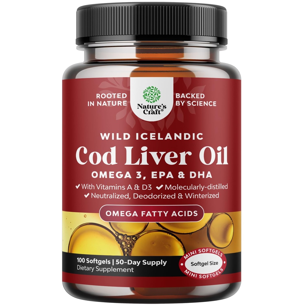 Islandzki Wild Caught Liver Oil Softgels - Fish Omega 3, EPA, DHA, Witamina D & A, 1000mg per serving - Burpless Capsules for Heart, Joint, Brain & Immune Support - 100 Count