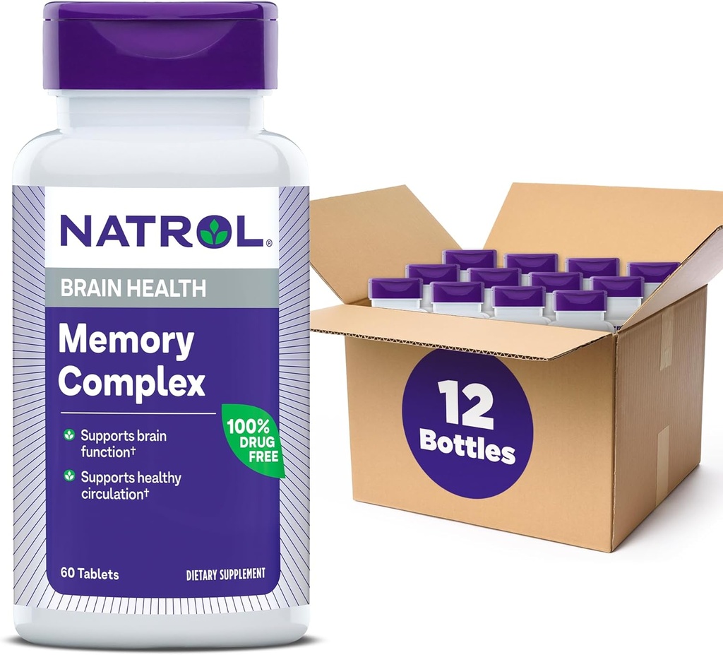 Natrol Memory Complex z Ginkgo Biloba 120mg i witamin B, Suplement diety dla zdrowia i wsparcia pamięci mózgu, 60 tabletek, 30 Day Supply (Opakowanie 12)