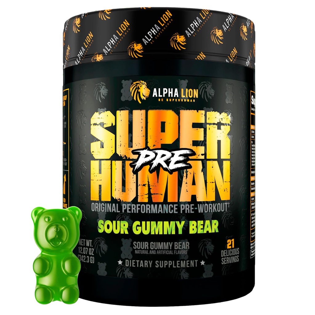 ALPHA LION Superhuman Preworkout Powder, Beta Alanine, L- Tauryne & Tri- Source Kofeina dla trwałej energii i Focus, tlenek azotu i cytrulina dla pompy (21 Służenia, Sour Gummy Bear Flavor)