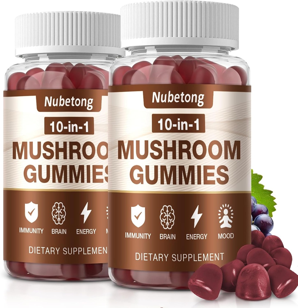 NUBETONG Gummies Mushroom - 10x Mushroom Supplement dla dorosłych z grzywą Lwa, Reishi, Chaga i Turcja Ogon - Booster mózgu, Wsparcie immunologiczne, Stress Relief i Focus Support (2 Pack)