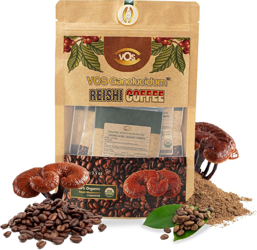 VOS GANOLUCIDUM - 100% Organic Reishi Coffee, 2 w 1 Reishi Mushroom z Kawą, 5 Sachets, Wielki Degustacja, Mushroom Supplement, Wsparcie dla Energii i Suplement odporności (0.7 oz każdy)