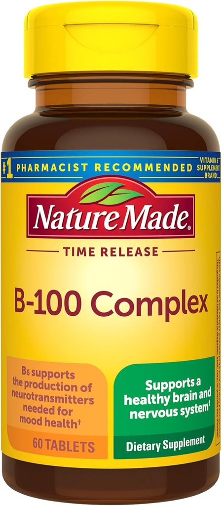 Nature Made Time Release Witamina B- 100 Wysoka potencja B Kompleks, Suplement diety do funkcji układu nerwowego Wsparcie funkcji, 60 Tabletów uwalniania czasu, 60 Day Supply