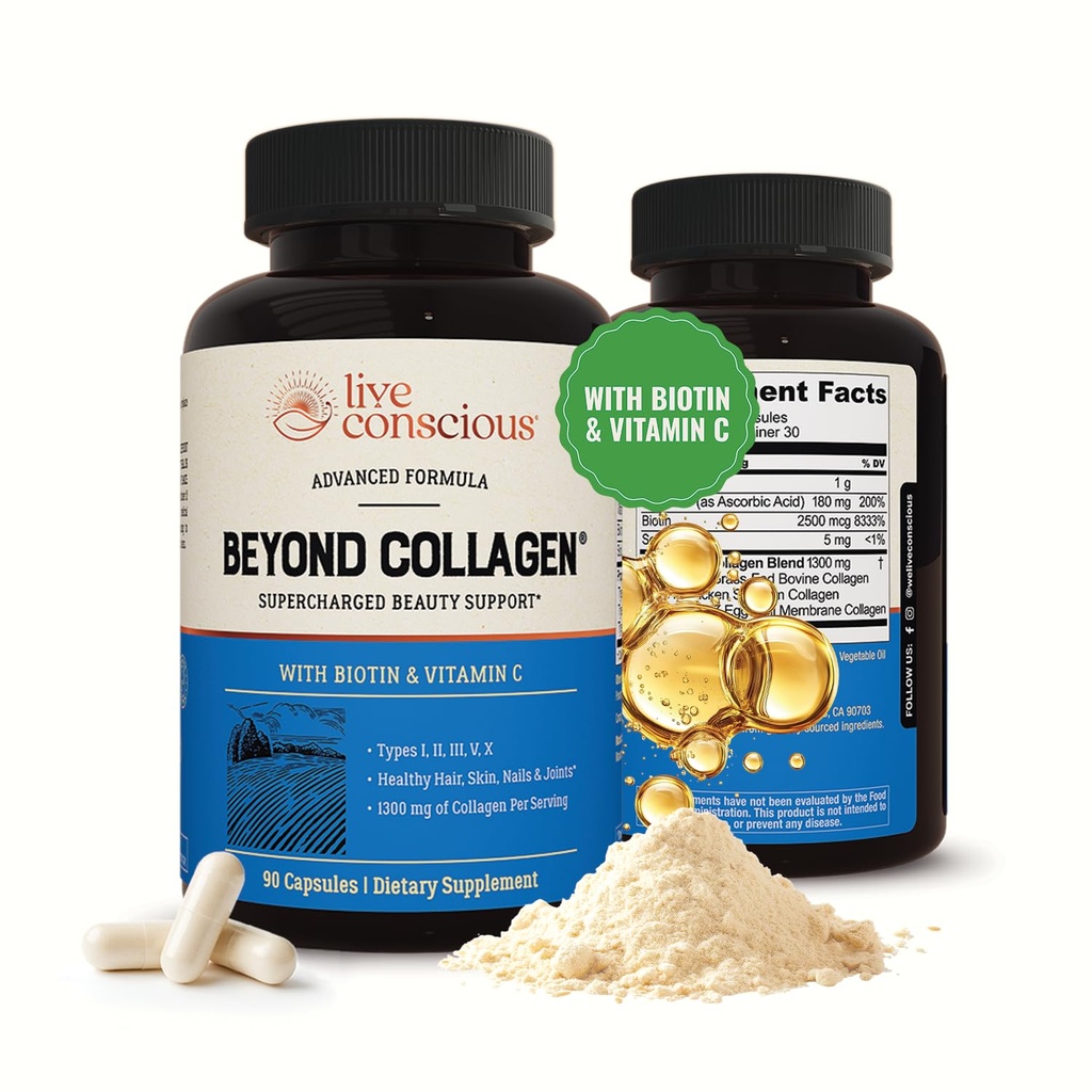 Live Conscious Beyond Collagen Multi Collagen Capsules - Types I, II, III, V & X - Hydrolyzed Blend with Biotin & Vitamin C for Hair, Skin, Nails 90 Capsules