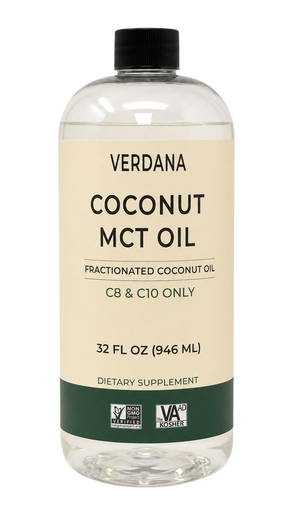 Verdana Food Grade MCT Oil 32 oz - do kawy Keto, Unflavored Natural Oil Pulling Mouthwash & Masage - 100% Kokosowy derived Fractivated Oil - Średnio łańcuchowe Triglicerydy C8 C10 -Non-GMO, Kosher
