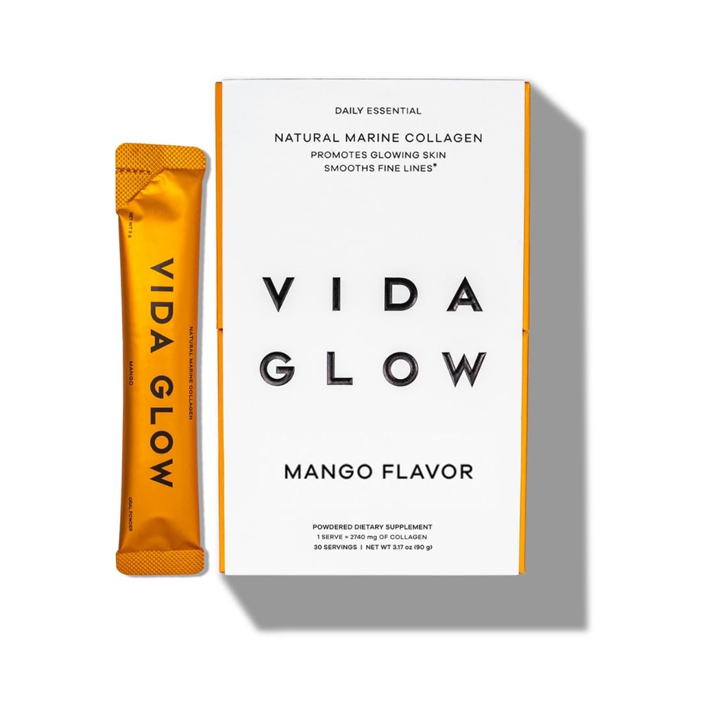 Vida Glow Marine Collagen Proszek - Anti Aging Supplement z Collagen Peptydes, Promotes Glowing Skóra, silne paznokcie, Zdrowe włosy 124; 30 Służenia, Mango Flavor