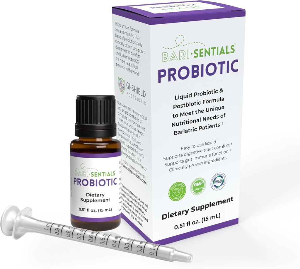 Barierki Bariatric Liquid Probiotic and Postbiotic Premium Formuła - Badanie kliniczne - Zasadnicze znaczenie dla zdrowia trawiennego i odporności po zabiegu chirurgicznym, Mała dawka objętościowa, 15 ml