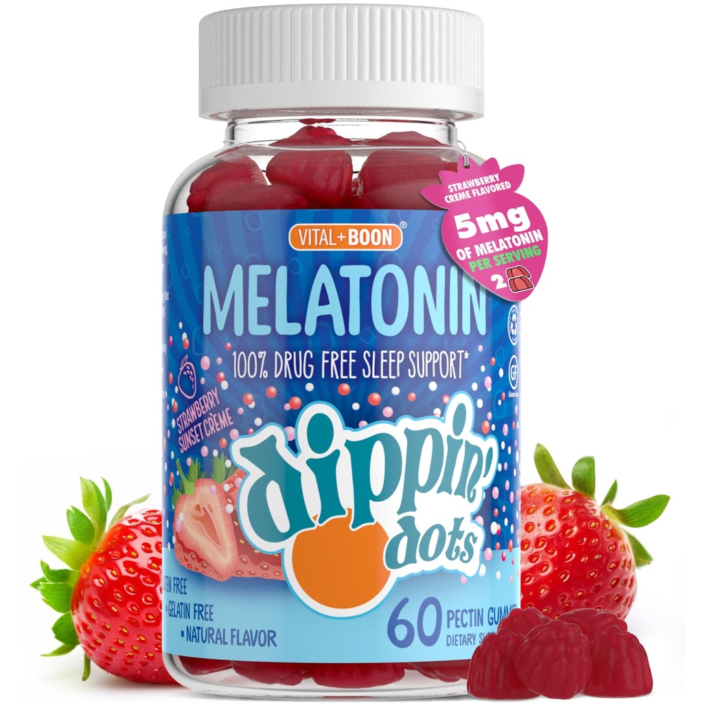 Melatonina Sleep Support Gummies (60 Count) Truskawka Sunset Creme Flavor Chews 124; 2,5 mg Per Gummy Sleep Supplement for Children and Adult Adult 124; Suplement dla szybszego szybciej i dłużej snu
