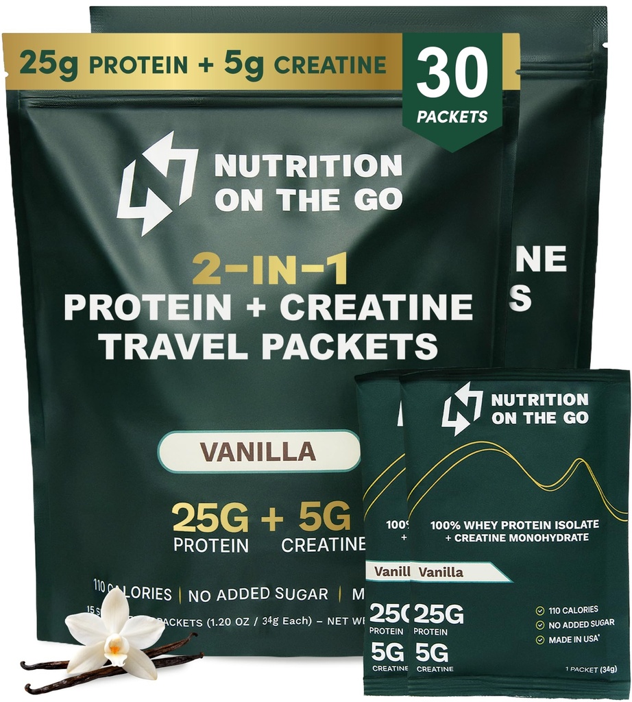 Nutrition On The Go Whey Protein Isolate Pakiety z Creatine - 25g Protein + 5g Creatine - Single- Serve Travel Protein Powder - Vanilla (30- Pack)