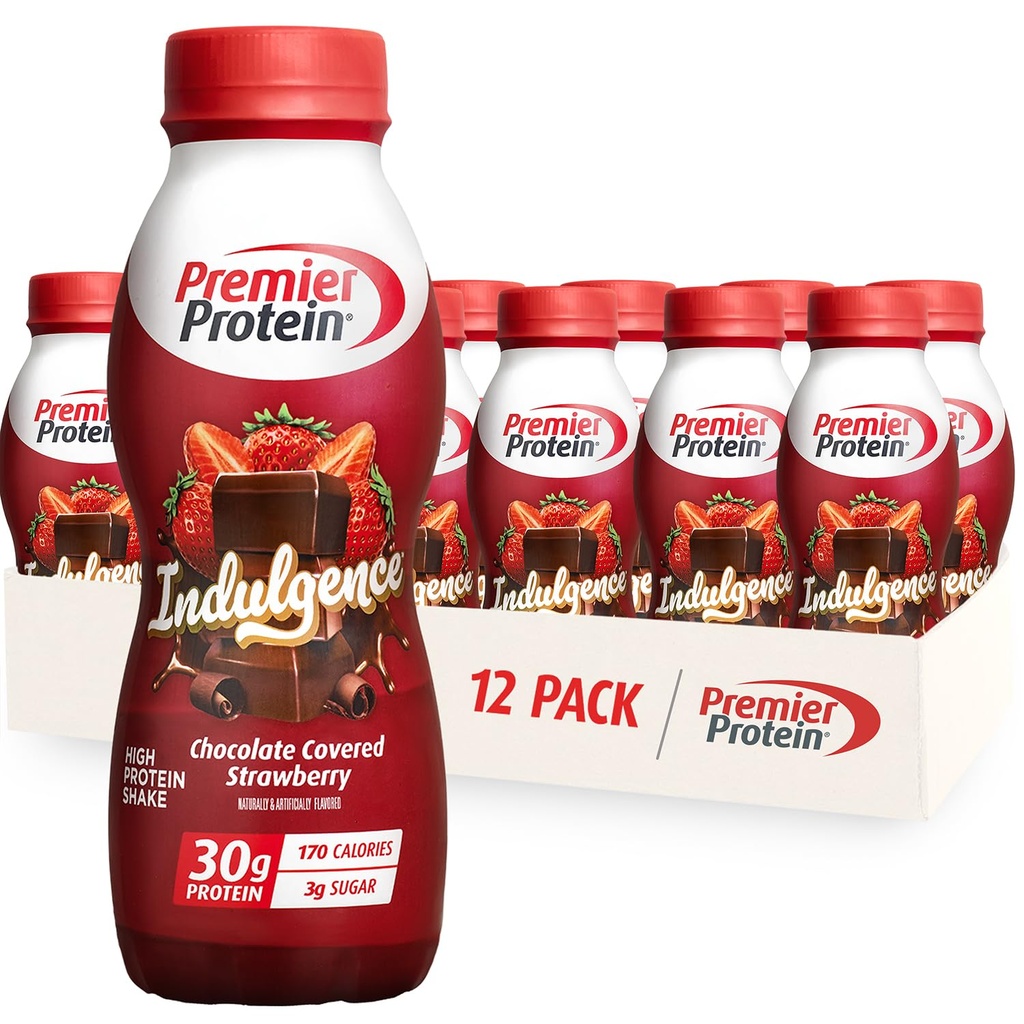 Premier Protein Indulgence Protein Shake, 30g Protein, 3g Sugar, Czekoladowa Covered Truskawka, 11.5 fl oz, Opakowanie po 12