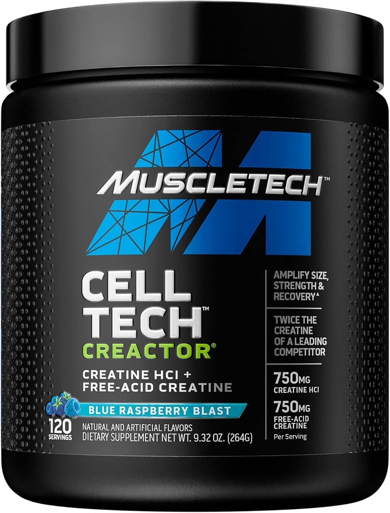 Creatine Powder | MuscleTech Cell-Tech Creactor | Creatine HCl Formula | Muscle Builder for Men & Women | Creatine HCl + Free-Acid Creatine | Creatine Supplements | Blue Raspberry Blast, 120 Servings