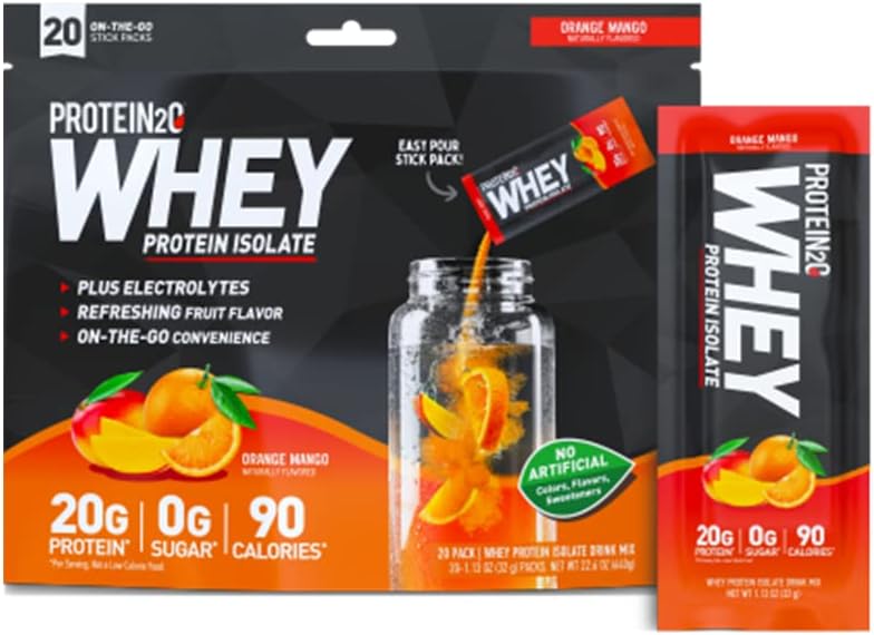Protein2o Izolat białka serwatki Proszek, Mango pomarańczowe 20 opakowań / 1.13 Oz