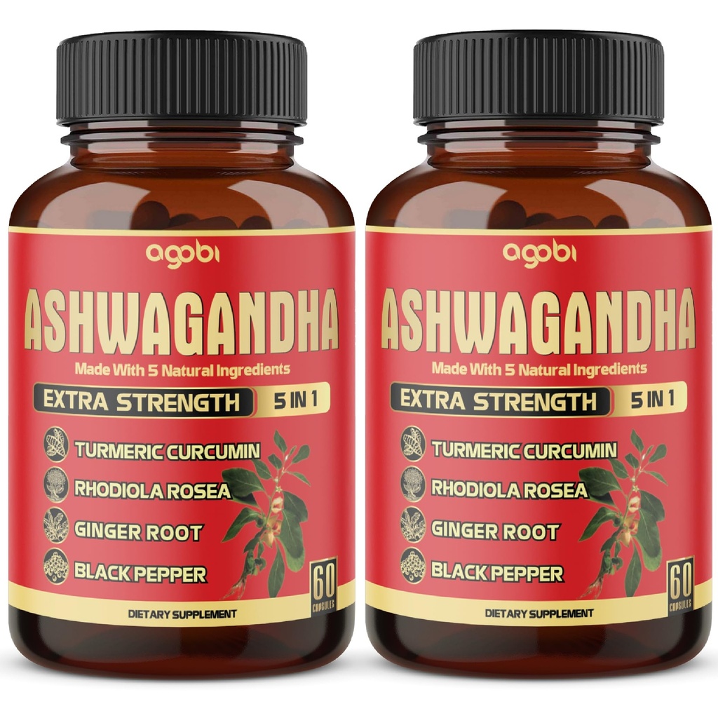 2 opakowania - 60 Kapsułek Aszwagandha Kapsułki - Wysoko skoncentrowane - 5in1 Formuła Aszwagandha, Turmeric, Rhodiola Rosea, Ginger, Czarny Pieprz - 4 Miesiąc Dostawy