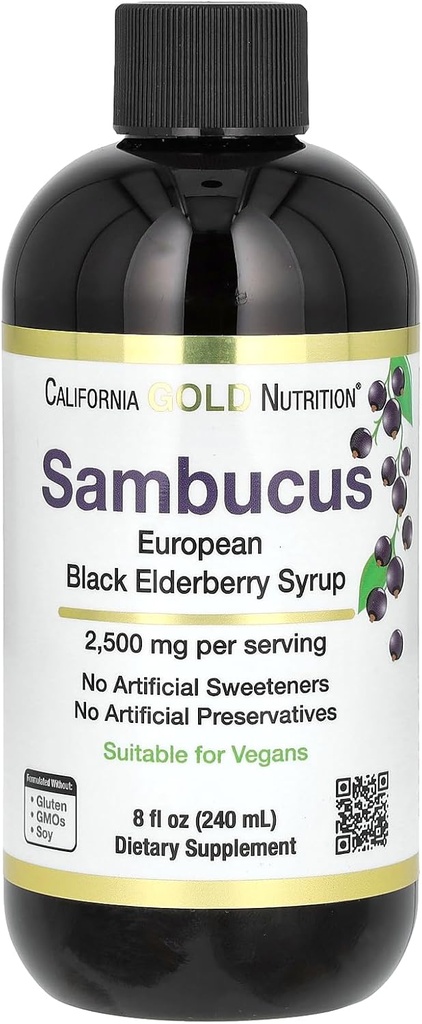 California Gold Nutrition Elderberry Syrop, Black Elderberry (Sambucus nigra) Sok Koncentrat, Sezonowe wsparcie immunologiczne, Brak sztucznych środków konserwujących lub słodzików, 2500 mg, 8 fl oz (240 ml)