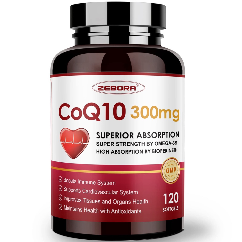 ZEBORA CoQ10- 300mg- Softgels with PQQ, BioPerine & Omega-3, 120 Servings Coenzym Q10 (Ubichinon) Suplement do Wysokiej Absorpcji, Potężny Przeciwutleniacz, Wsparcie Heart- Zdrowie i Energia-Produkcja