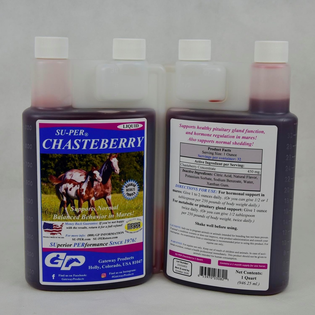 SU- PER Suplement Chasteberry dla koni - Wspiera regulację hormonalną & Zdrowe Glandy przysadkowe Funkcje w Mares - Chasteberry dla koni - 1 Quart, (2 Pack)
