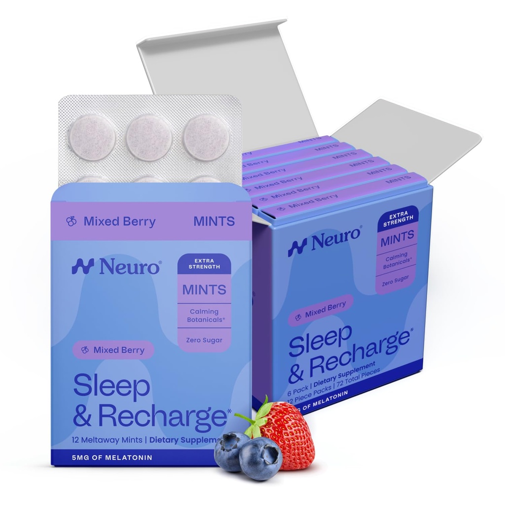 Neuro Melatonina 5mg Mity Sen & Recharge (72 Kawałki) - Szybko rozpuścić Melatonina cukru darmowe miętówki z cytryną Balm & Rumianek dla lepszego snu - Spokojny suplement snu dla dorosłych - Night Berry Flavor