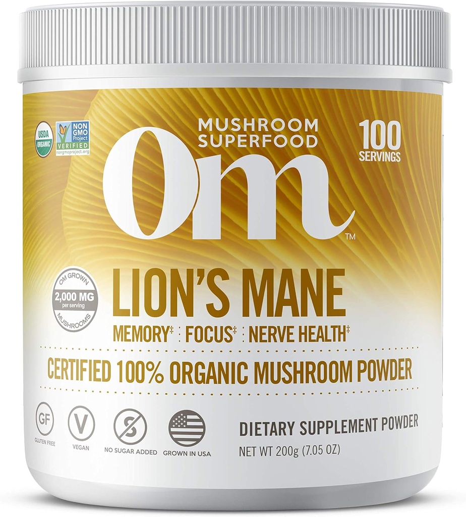 Om Organic Mushroom Nutrition Lion's Mane: Memory, Focus, Nerve Health, 100 servings, 7.14 Ounce, 200 Gram