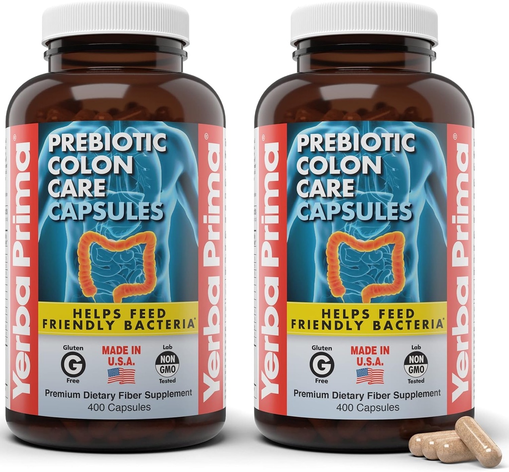 Yerba Prima Prebiotic Colon Care Kapsułki, 400 Czapki (Pack of 2) - Pięć form diety Fiber Supplement - Zdrowe rozpuszczalne i nierozpuszczalne włókna dla regularności i wsparcia pokarmowego
