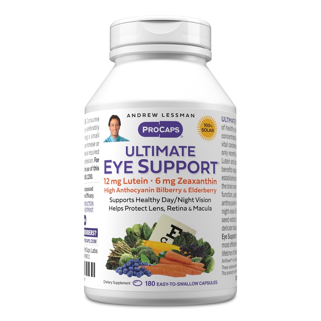ANDREW LESSMAN Ultimate Eye Support 180 Softgels - 12 mg Lutein, 6 mg Zeaksantyny, Bilberry, Kluczowe składniki odżywcze do wspierania zdrowia oczu i promowania zdrowego widzenia. Żadnych dodatków. Łatwe do połknięcia Softgels