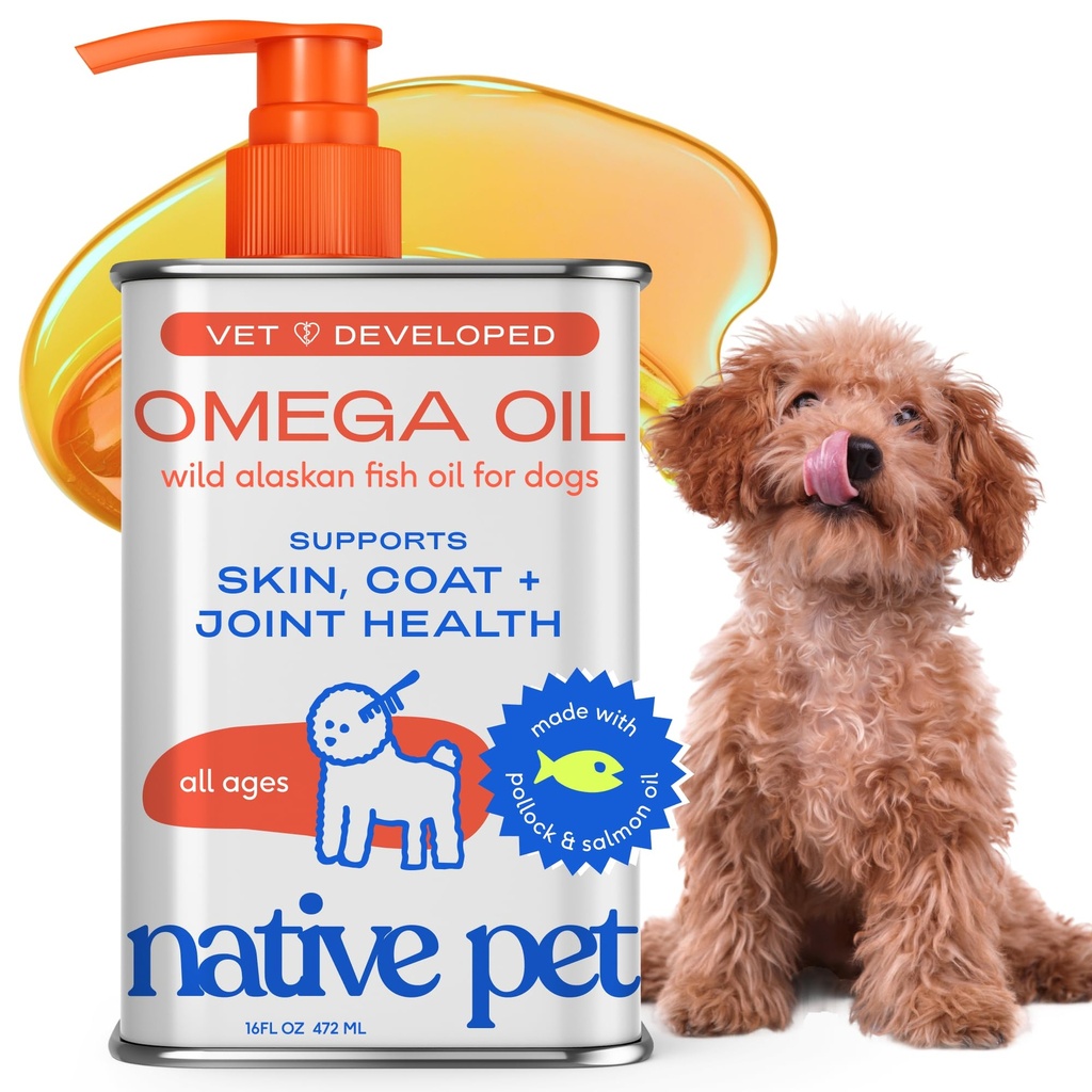 Native Pet Omega 3 Fish Oil for Dogs & Cats - Promotes Healthy Skin, Shiny Coat, & Strong Joints - Made with Wild Alaskan Salmon Oil for Dogs - Smaczne, Fast- Absorbing Omega 3 6 9 Płynny suplement -16oz