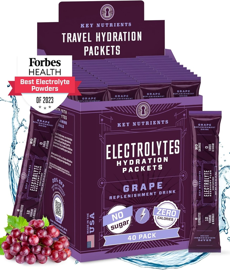 Numery KLUCZOWE Pakiety proszkowe Electrolytes - Winogrona owocowe 40 Pakiety nawadniające - Proszek nawadniający podróży - Bez cukru, bez kalorii, Bez glutenu - Made in USA