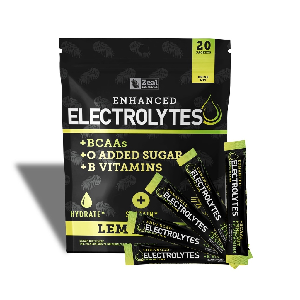 Ulepszone opakowania z proszkiem elektrolitycznym (limonka cytrynowa 124; 20 opakowań) w / 0 Sugar + BCAAs + B- Vitaminy Suplement elektrolitu w cynku potasu i magnezu do hydrolizy - Keto Electrolytes