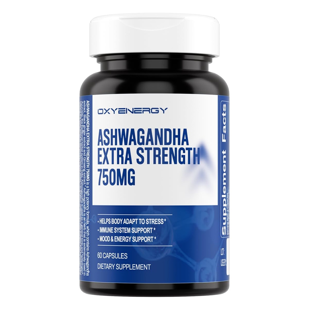 OxyEnergy Ashwagandha Dodatkowa siła - 750mg- Stres Relief- Immune & Wsparcie energetyczne - Gluten, Dairy & Soy Free - 60 Kapsułki