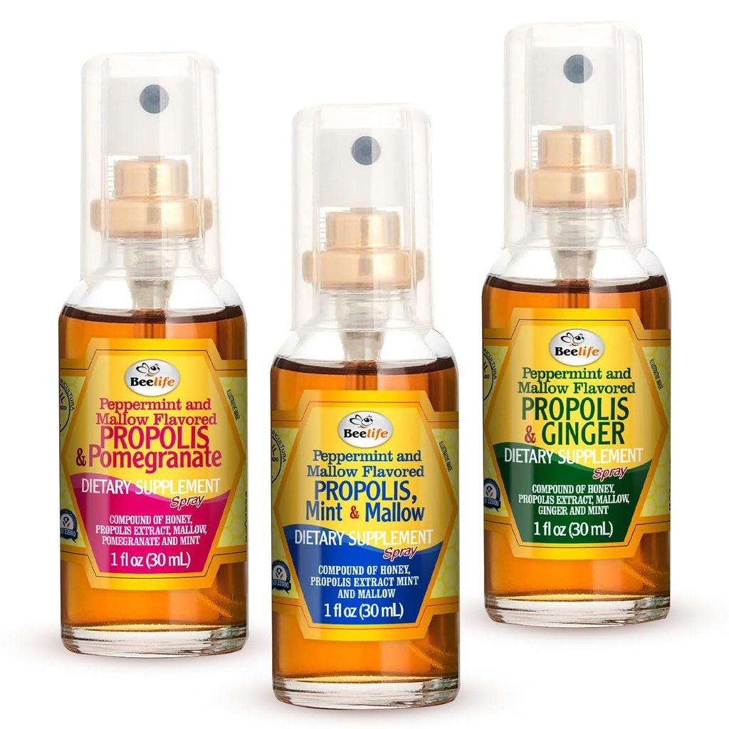 Beelife Propolis Throat Spray - Bee Propolis Spray for Natural Immune Support & Sore Throat Relief - Bogate w przeciwutleniacze, Flavonoids & Arterabrinin C, No Sugar, Gluten- Free -3- Pack, 90ml (Assorted)