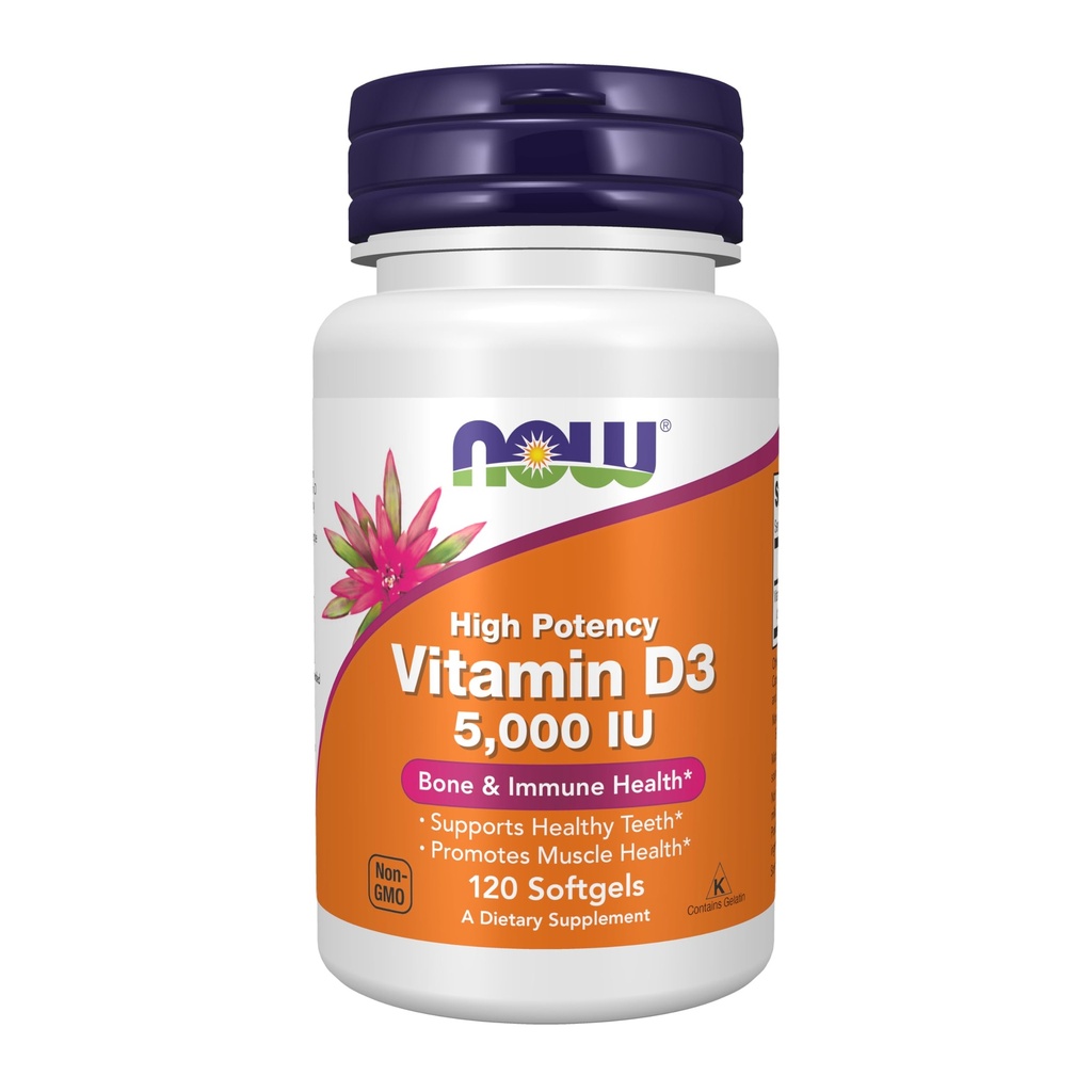 Teraz suplementy żywności, Witamina D-3 5000 j.m., Wysoka potencja, Wsparcie strukturalne *, 120 Softgels