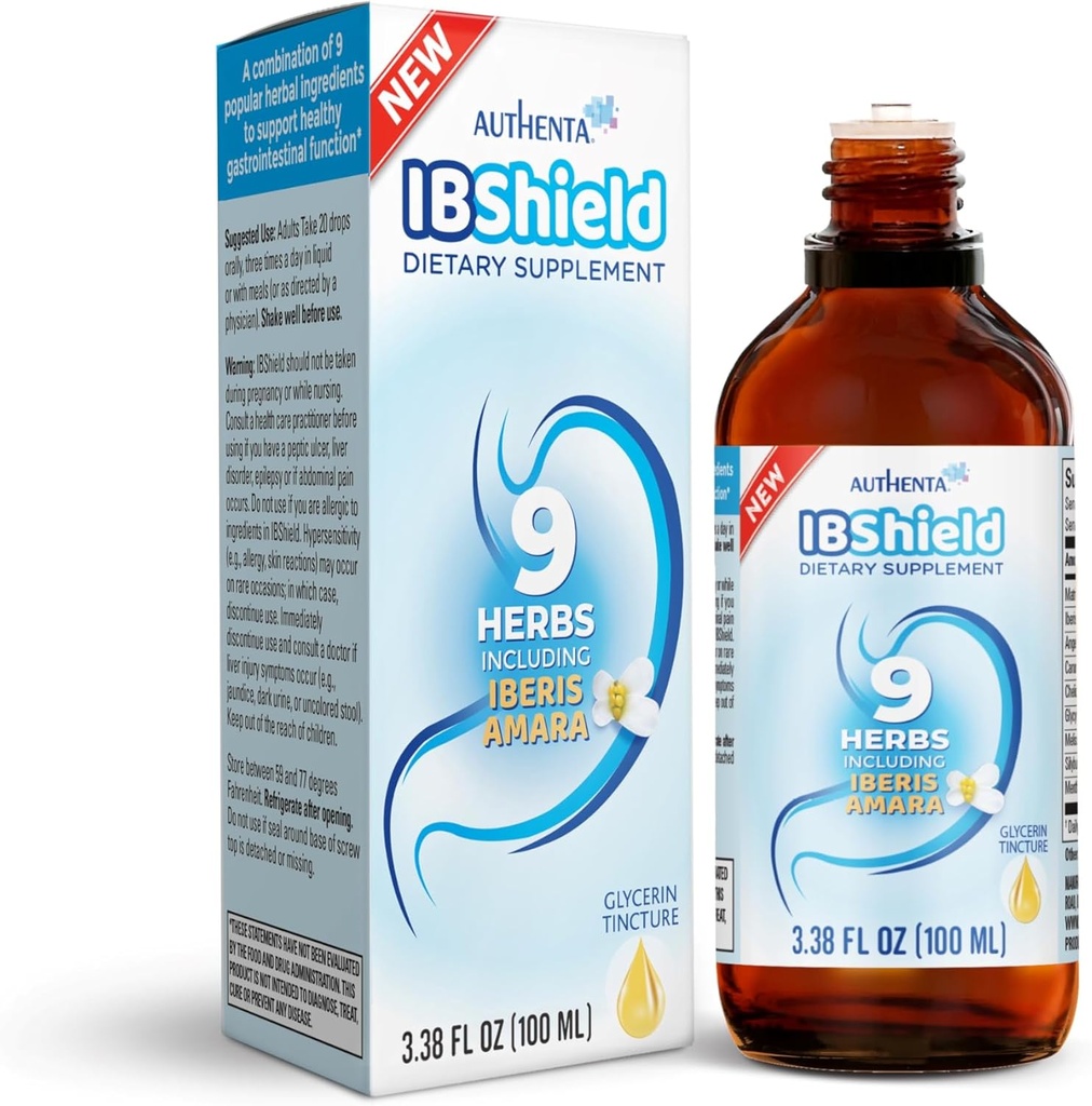 IBShield Tincture 100ml Xion124; 6 + 3 = 9 Herbs Xion124; Iberis Amara, Peppermint, Rumianek, Lemon Balm, Kminek, Licorice, Angelica, Celandine & Mary 's Thistle Xion124; Oryginalna formuła Herbal Supports Digestive Wellness