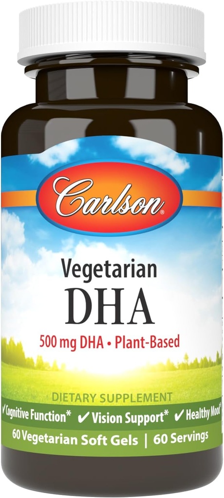 Carlson - Vegetarian DHA, 500 mg DHA, Plant Based, Sustainable Sourced from Algae, Brain Support, Mood Health, 60 Softgels