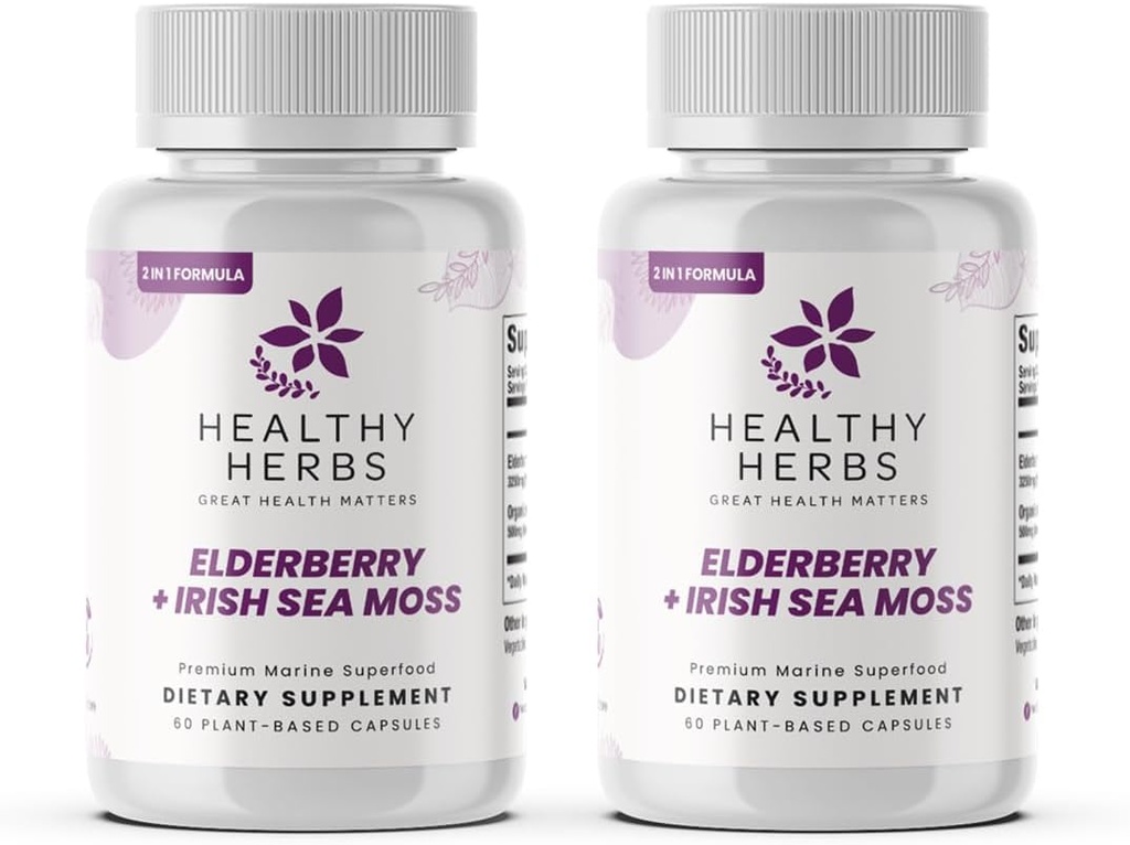 Zdrowe Herbs Wildcrafted Elderberry Sea Moss kapsułki 124; 2600mg Irish Sea Moss + Elderberry Essentials Mieszanka 124; US- Made, Vegan, Non-GMO, Easy- Swallow (2- Pack)