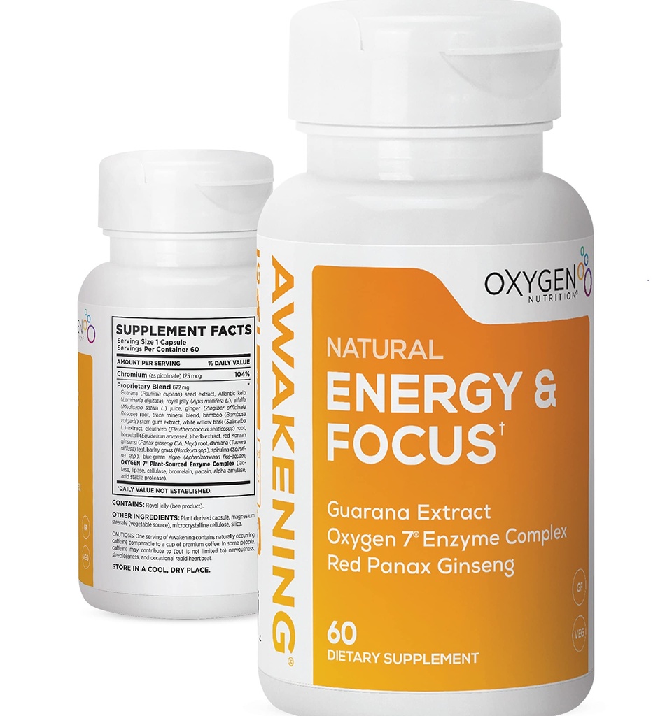 Przebudzenie Natural Energy & Focus Suplement nootropowy z Panax Ginseng, Guarana Extract & Chrom Pikolinate 124; Suplement mózgu dla Focus, Energy, Mood & Clarity 124; Gluten Free Veggie, USA - 60 Caps