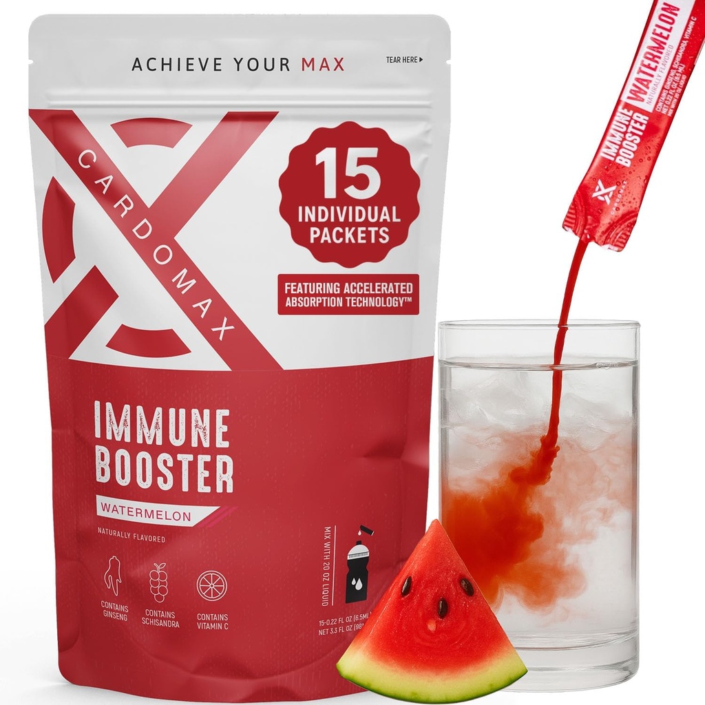 KardoMax Immunitet Booster napój płynny Mix z żeńszenia i witaminy C dla dzieci i dorosłych, Suplement wsparcia immunologicznego dla energii i Wellness, Arbuz Flavor, 15 Jednodrukowe opakowania płynne