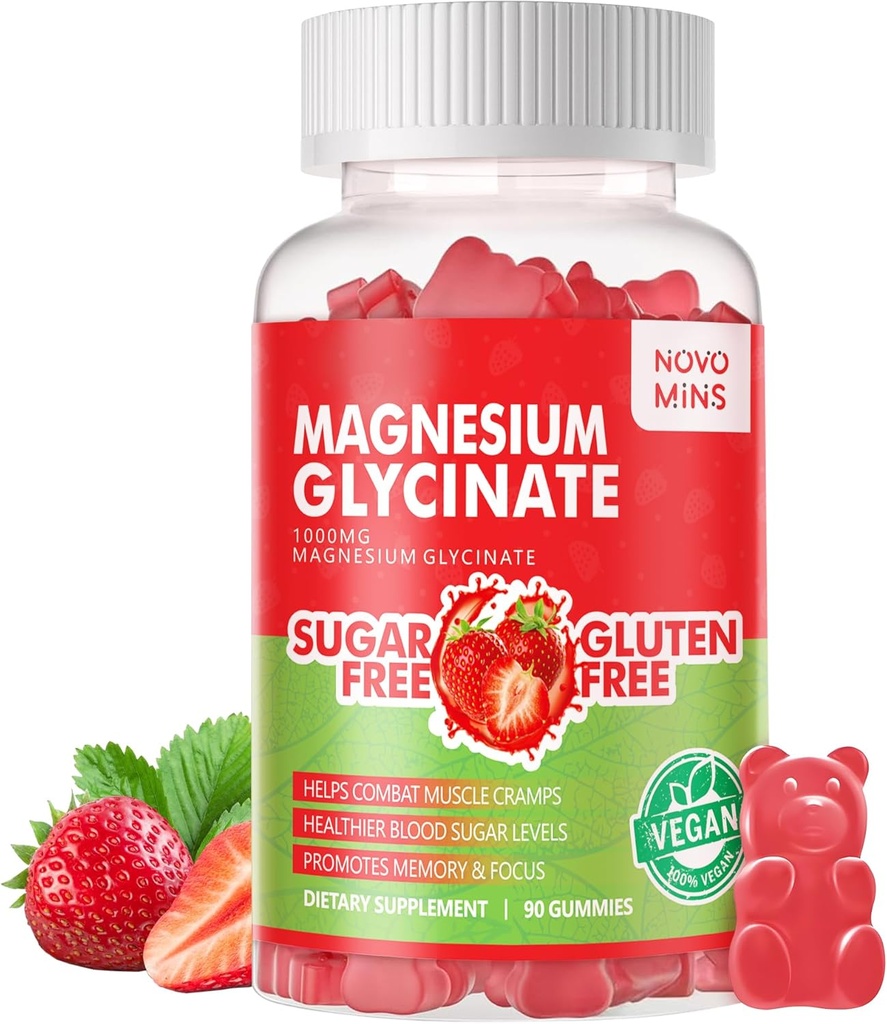 90 CT Glycinate Gummies Magnezu - Suplement potasu bez cukru Magnezu z witaminą D, B6, CoQ10 dla uspokojenia nastrojów i wsparcia snu - 90 Gummeje truskawkowe