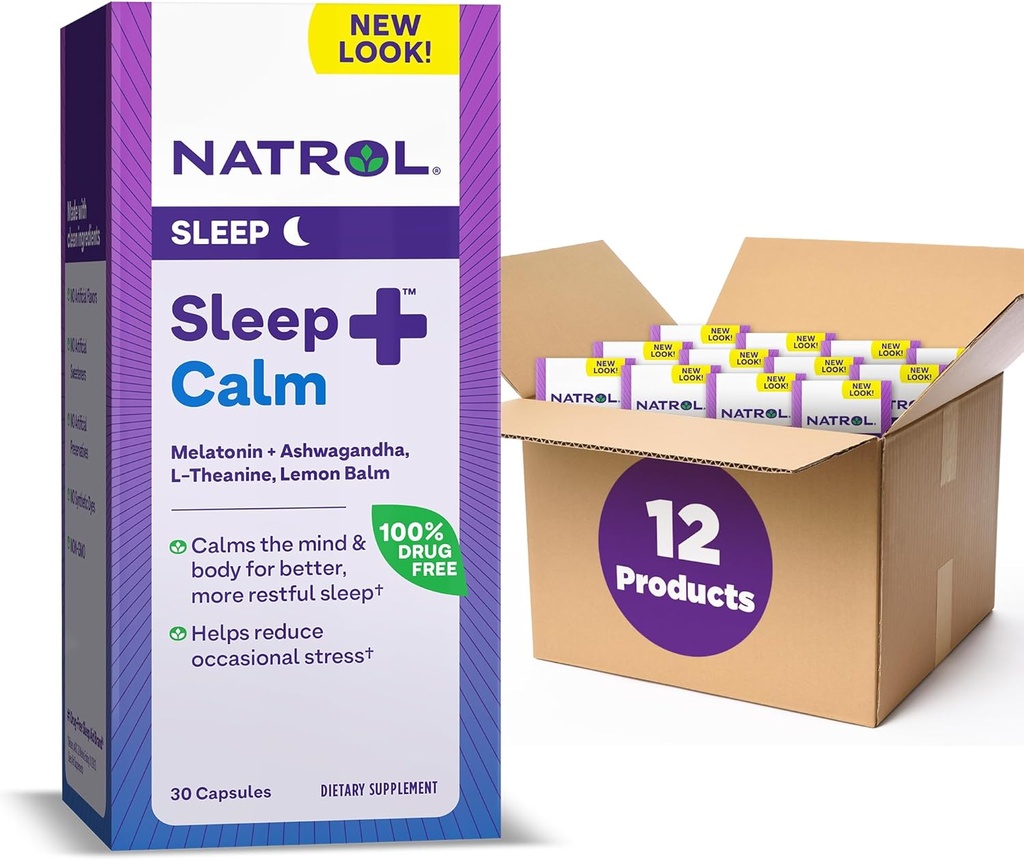 Natrol Sleep + spokojnie Melatonina 6 mg z Ashwagandha, L- Theanine i Lemon Balm, Suplement diety do niespokojnego snu i uspokoić umysł, 30 kapsułki, 30 Day Supply (Opakowanie 12)