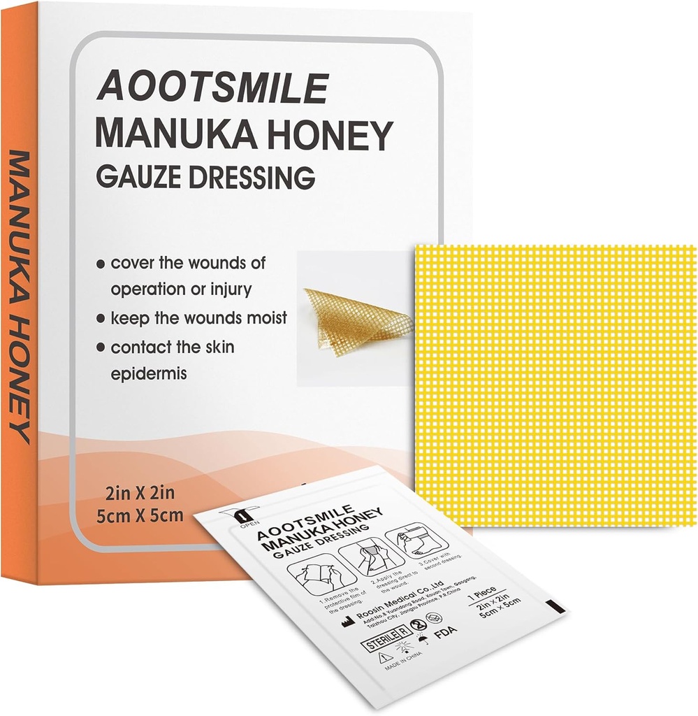 Manuka Miodowa Pielęgnacja Rana - Opatrunek 2 "x 2" Miodowy Opatrunek Medyczny Opatrunek opatrunkowy na drobne otarcia, Cięcia, Rany szarpane, Skald i oparzenia na gojenie rany, 10 szt.