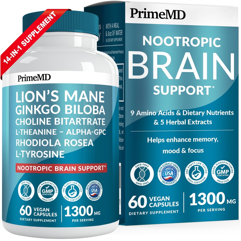 14- in-1 Lions Mane Supples Kapsułki - Nootropowy Suplement Mózgu z Ginkgo Biloba na wsparcie mózgu, Pamięć i Focus - Alpha GPC, L Theanine & Choline Suplementy z 1300mg Per Serving (60 ct)