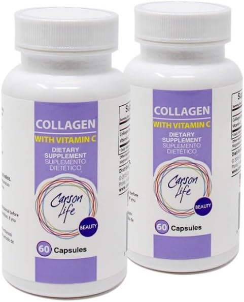 Carson Life Collagen Kapsułki z witaminą C - 60 Kapsułki - Suplement diety dla anty starzenia, Wsparcie immunologiczne, Zdrowe włosy, Skóra i paznokcie - Made in The USA (2 Pack)