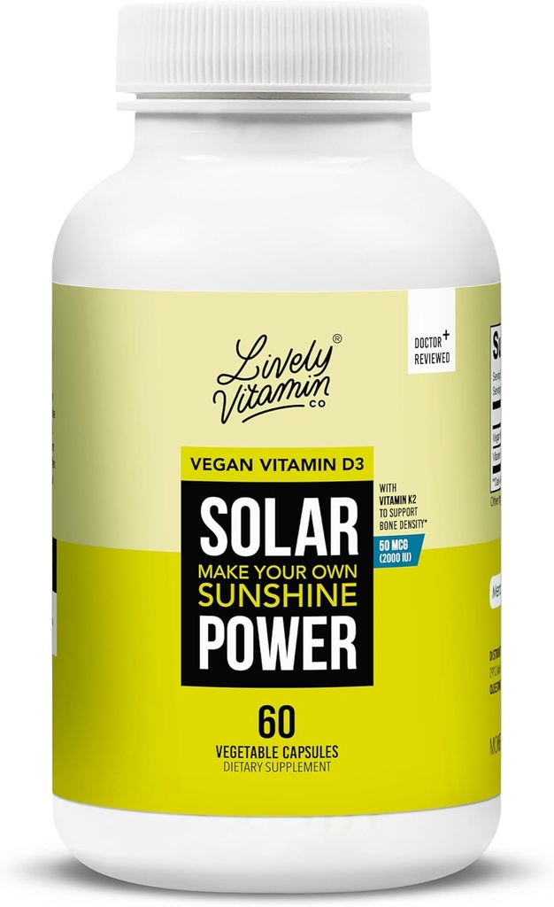 LIVELY VITAMIN CO. Solar Power Witamina D3 2000 iu - Opatentowana Witamina K - MK7 - Równowaga immunologiczna - Funkcja mózgu - Nastrój - Serce - Stres - 60 Hrabia