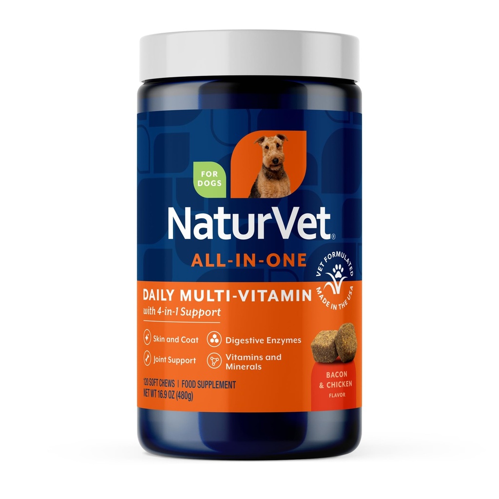 NaturVet All- in- One Dog Supplement - for Joint Support, Trawienie, Skóra, Opieka nad płaszczem - Dog Multivitamin with Minerals, Omega-3, 6, 9 - Wheat- Free Vitamin for Dogs - 120 Soft Chews