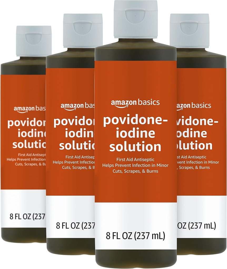 Basics First Aid Antiseptic, 10% Powidon Jodu roztwór, 8 Fl Oz, Opakowanie po 4