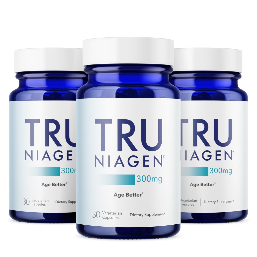 TRU NIAGEN Opatentowany suplement NAD do antystarzenia się i regeneracji komórek, 300mg Niagen, 30 Służenia 124; Wspomaga energię komórkową, Mózg, Mięśnie 124; Nikotynamid Ribozyd (NR) Weź 1 Codziennie 124; 3 Butelki
