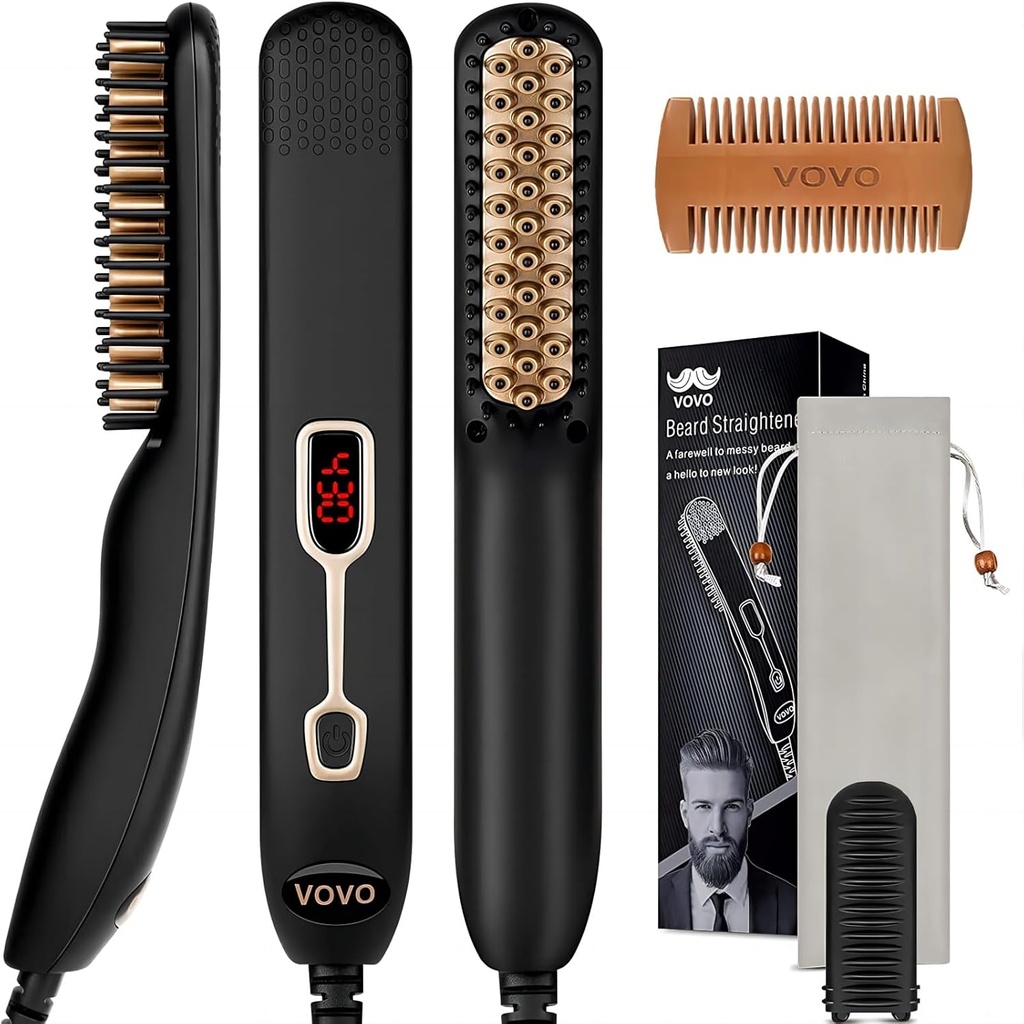 VOVO Prostownica broda Comb Upgrade Professional 2 in 1 Męski Prostownica broda Podgrzewane włosy Prostownica szczotka Przenośne antypoparzenia 6 Temperatura Regulowana z diodowym wyświetlaczem do domu i podróży
